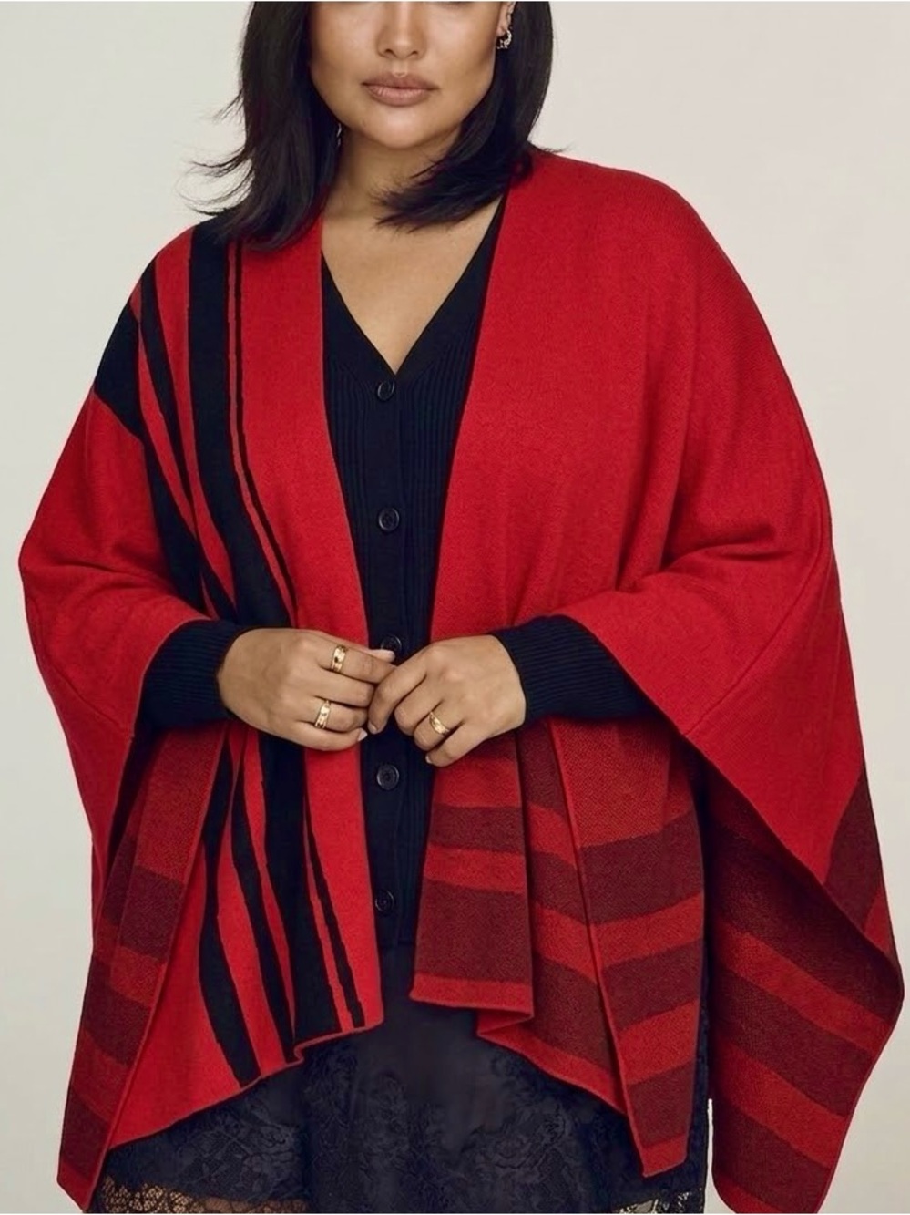 Chico's Ruana Striped Poncho Heavy Knit Wrap Sweater OS Red & Black Cape